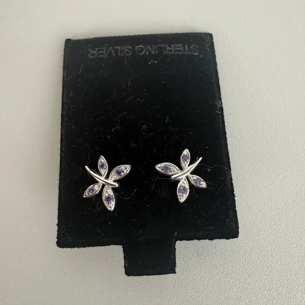 NWT Sterling Silver Dragonfly Dainty Y2K 90s Purple/Clear Stone Stud Earrings